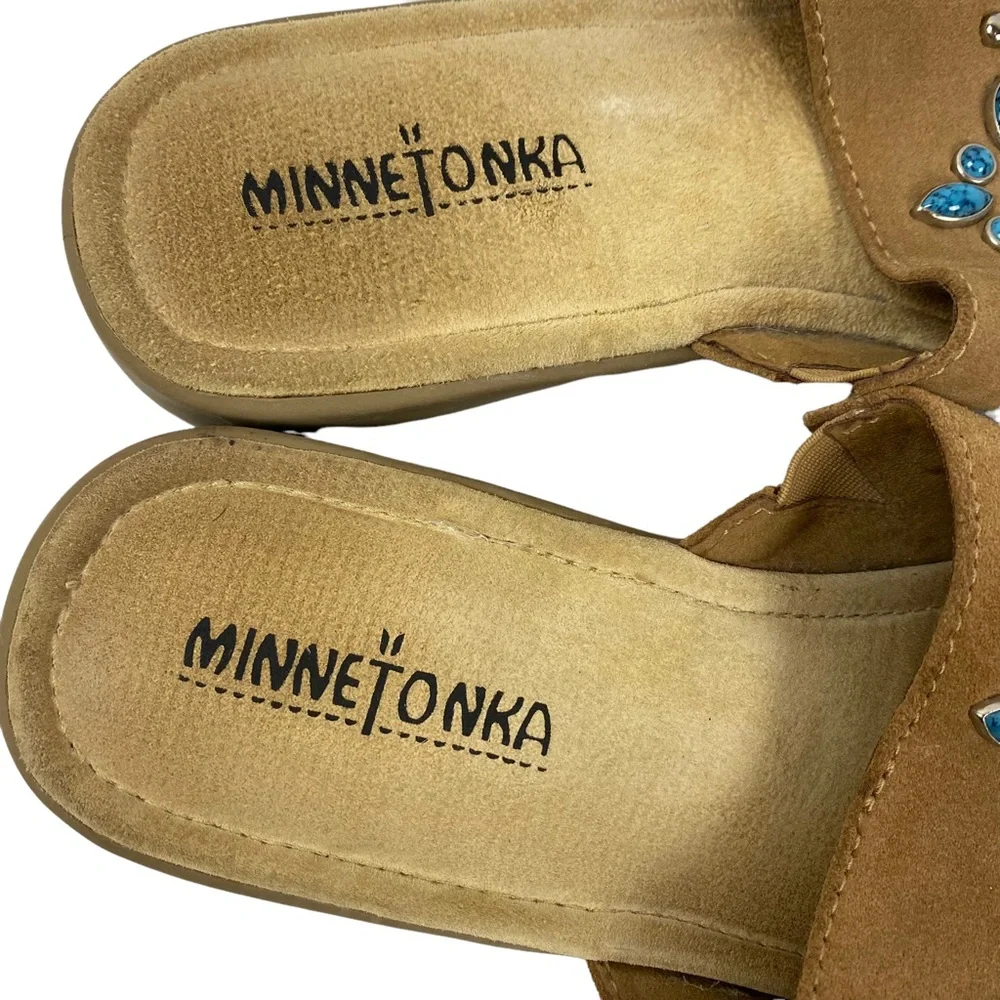 Minnetonka Tan Brown Suede Leather Slides Sandals Turquoise size 8